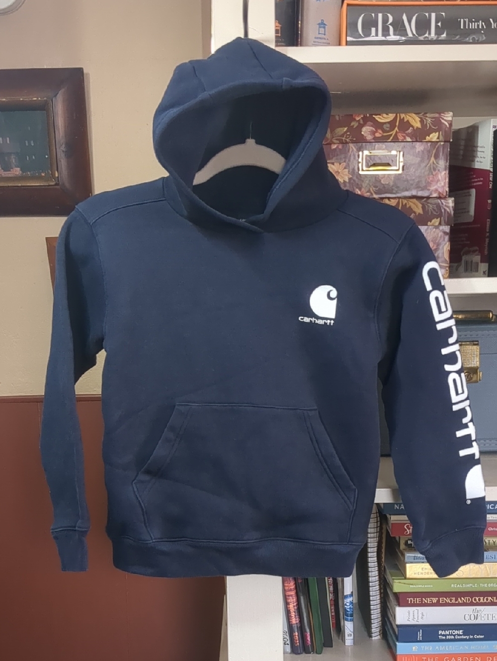 Carhartt Boys Navy Pullover Hoodie with White Logo Size 8/10
